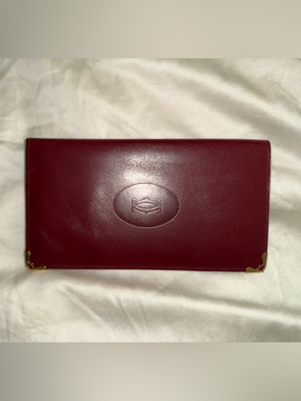 Cartier Burgundy Box Calf Leather Long Wallet with Gold Corners